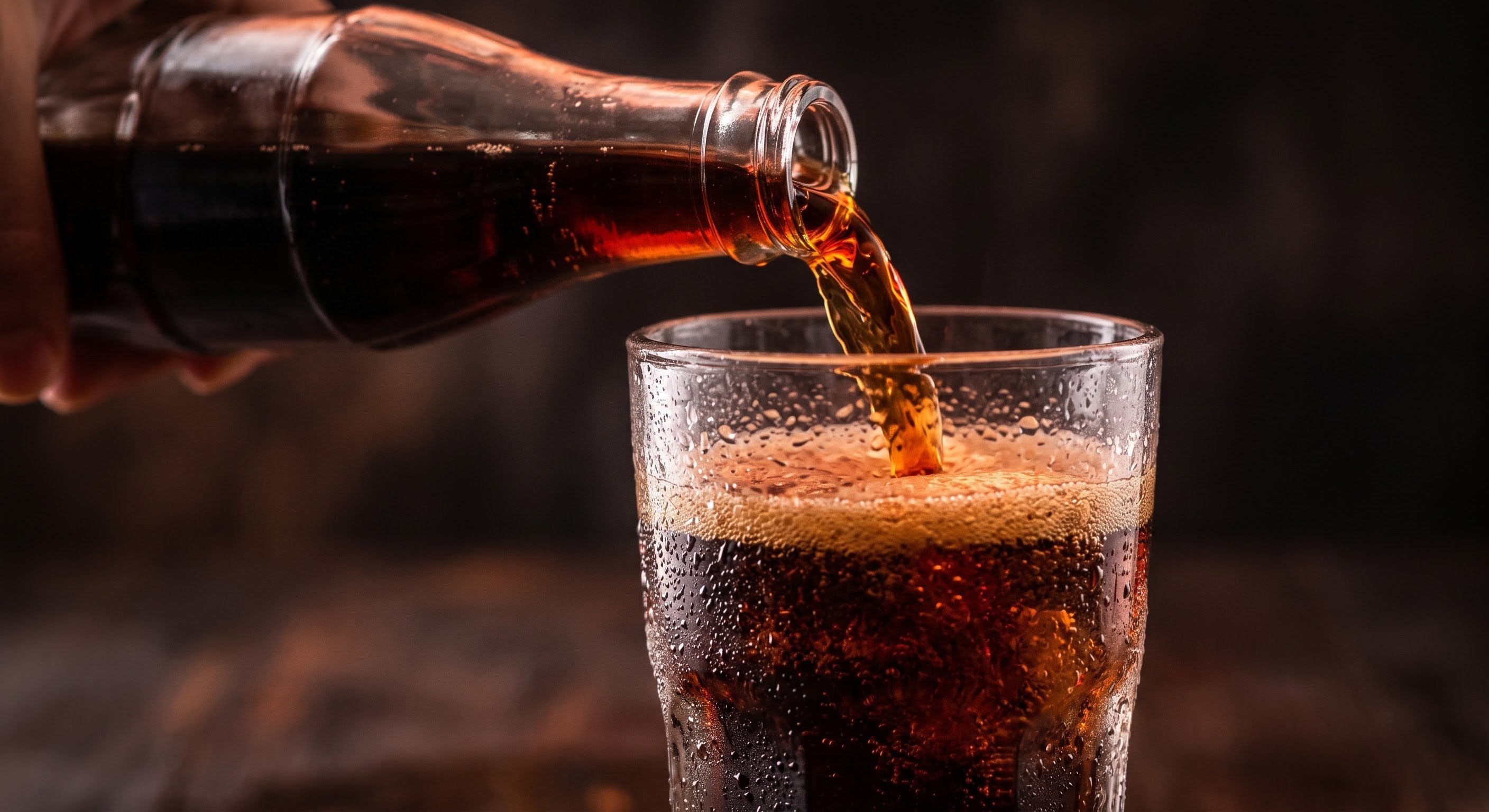 Glass bottle of cola being poured, close-up study shot