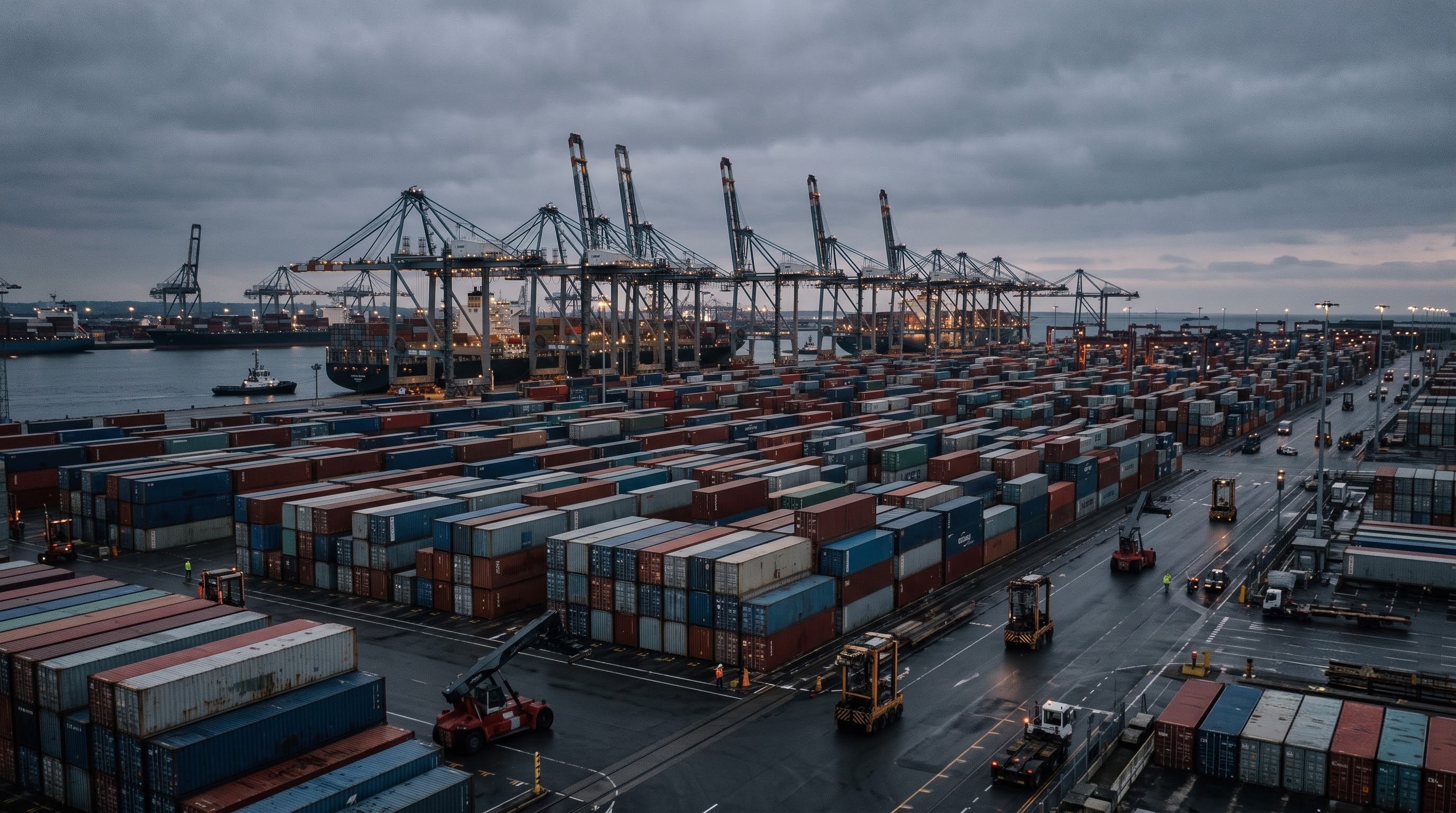 Shipping containers stacked at a port, freight ready for export