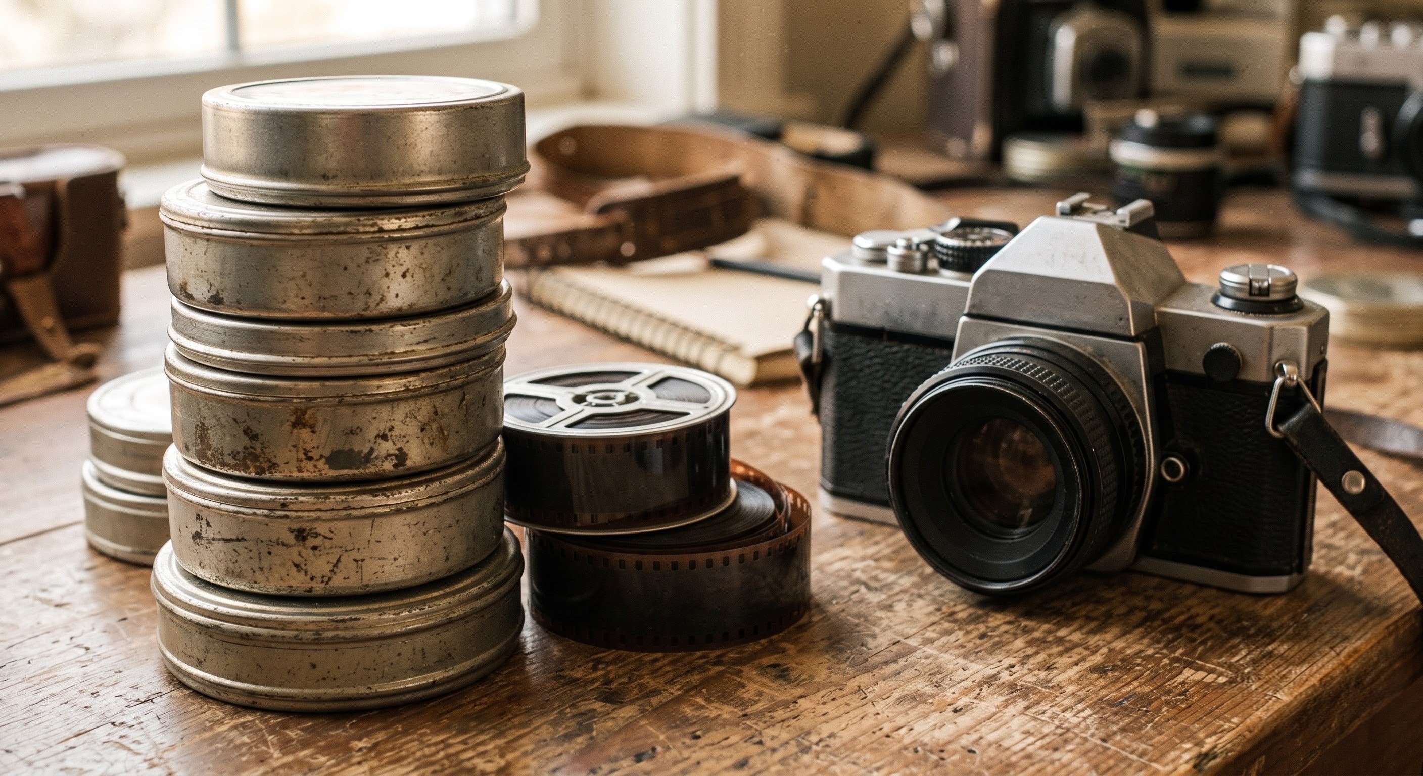 Vintage film camera and reels of photographic film