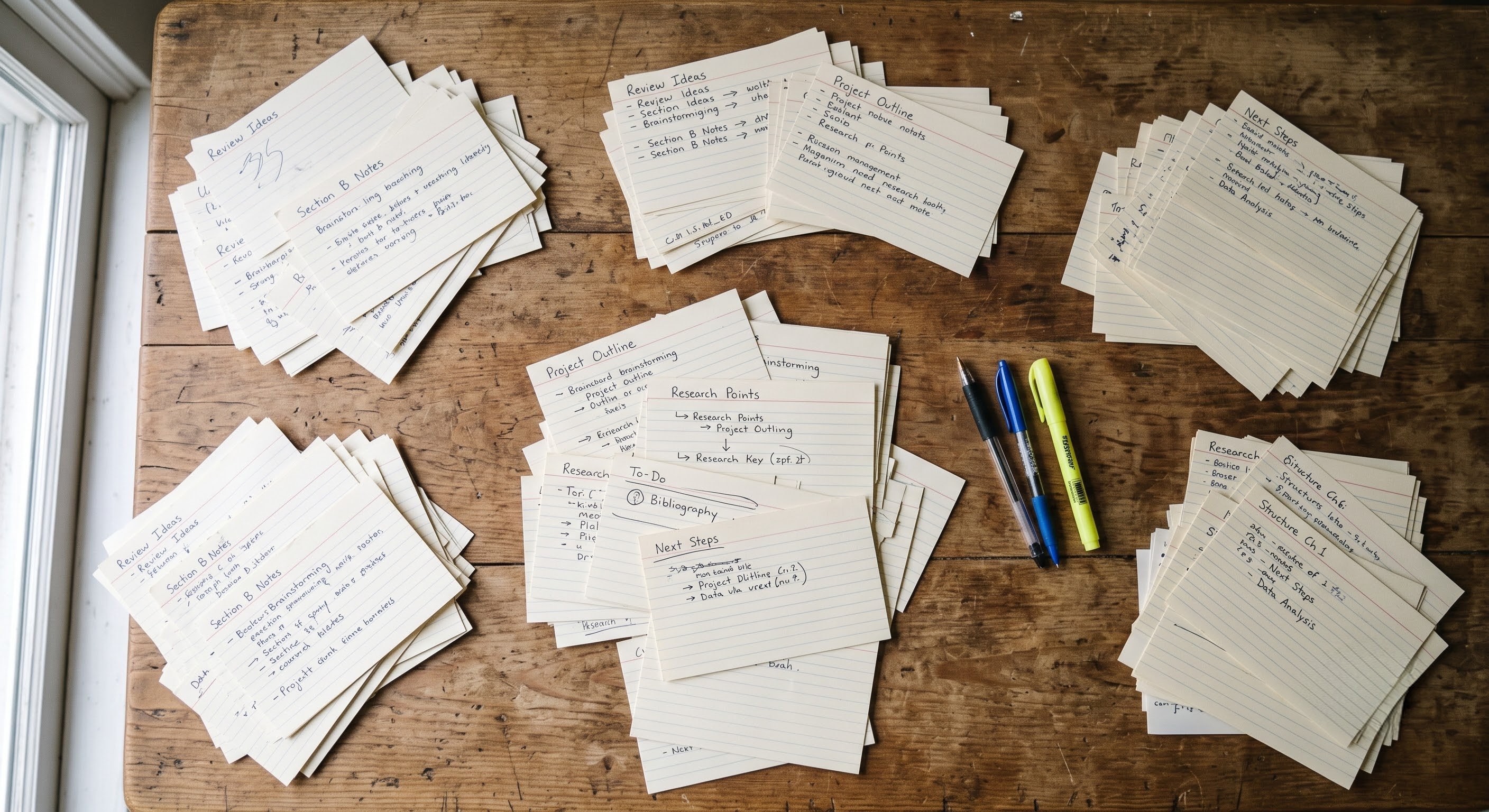 Sorted index cards arranged into overlapping groups on a table