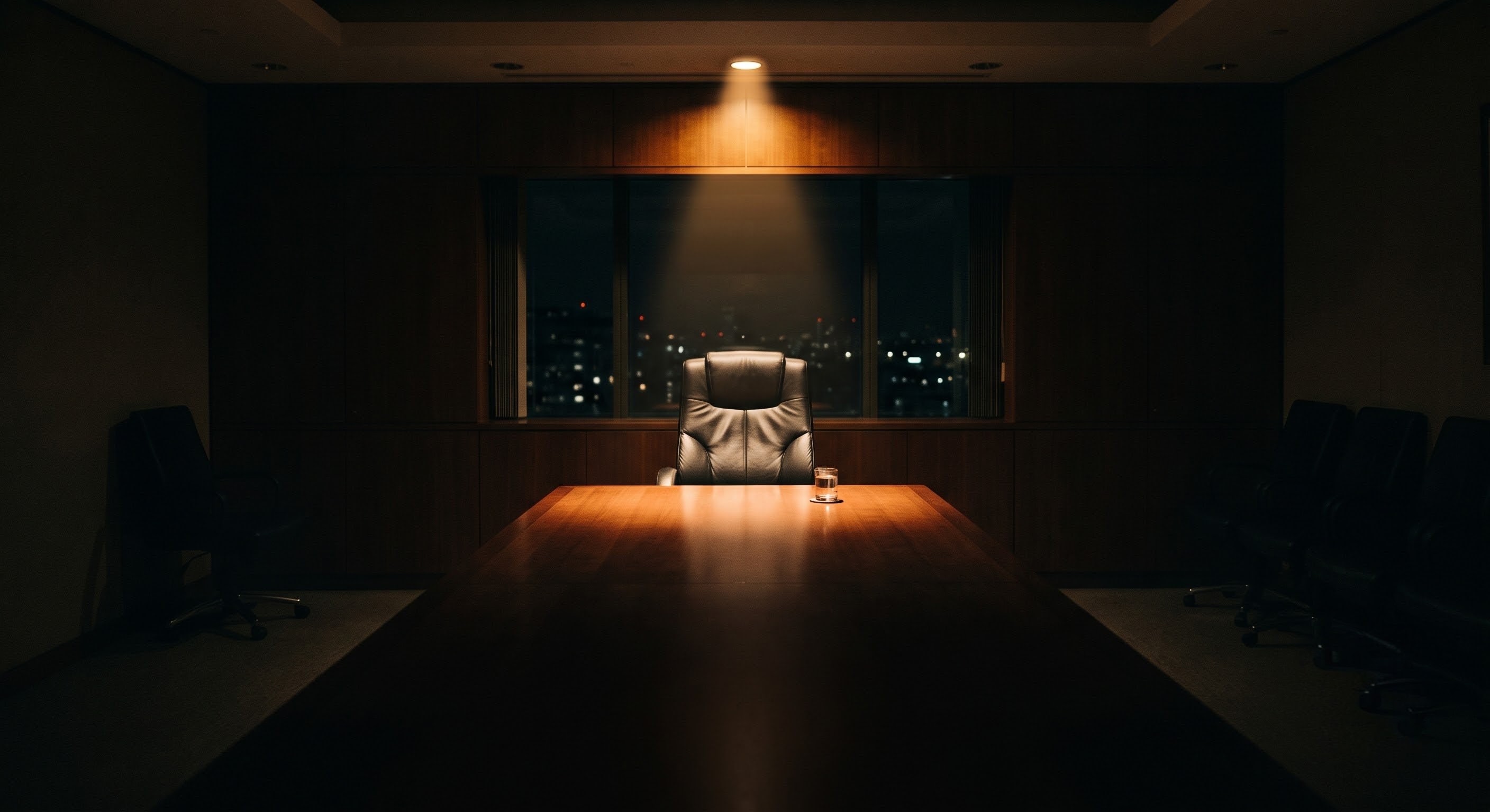 Empty conference room chair at the head of a table, single light overhead
