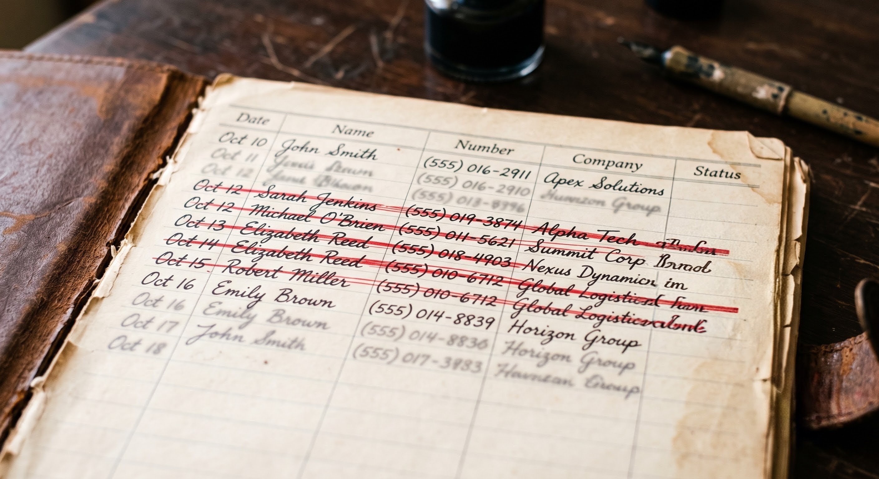 Rows of printed contact ledger entries with several crossed out in red ink
